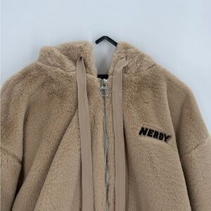 Nerdy Eco Faux Fur Soft Beige Logo Front Hooded Zip Up Jacket